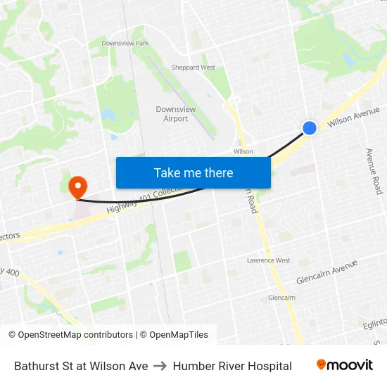 Bathurst St at Wilson Ave to Humber River Hospital map