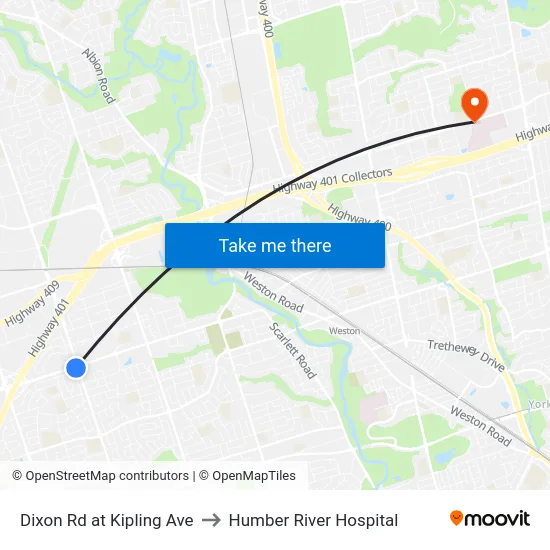 Dixon Rd at Kipling Ave to Humber River Hospital map