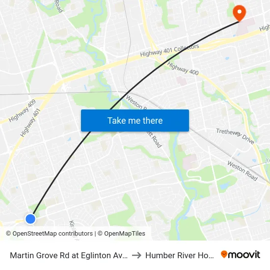 Martin Grove Rd at Eglinton Ave West to Humber River Hospital map