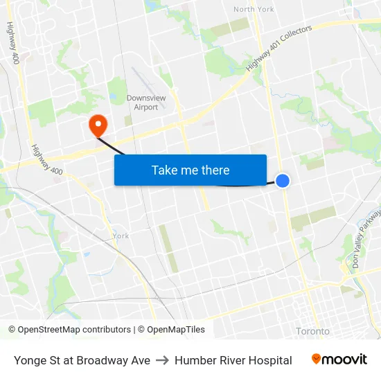 Yonge St at Broadway Ave to Humber River Hospital map