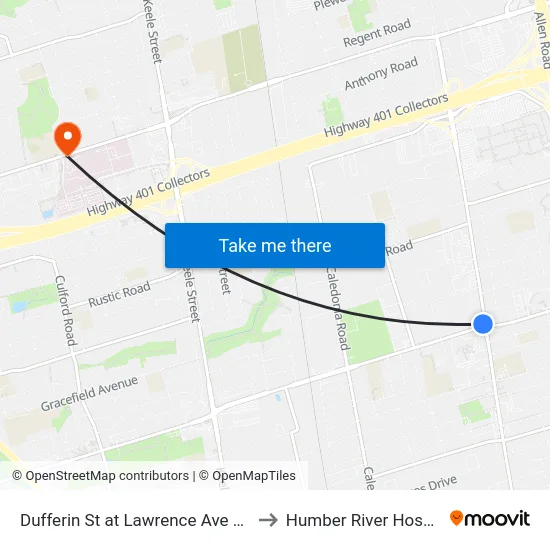 Dufferin St at Lawrence Ave West to Humber River Hospital map