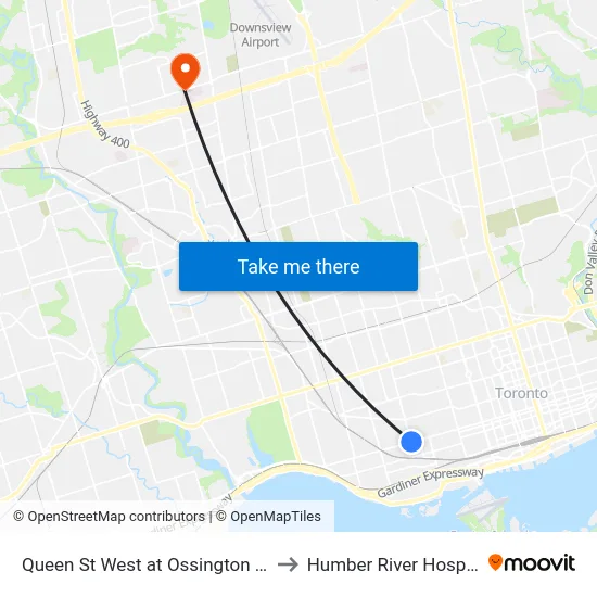 Queen St West at Ossington Ave to Humber River Hospital map
