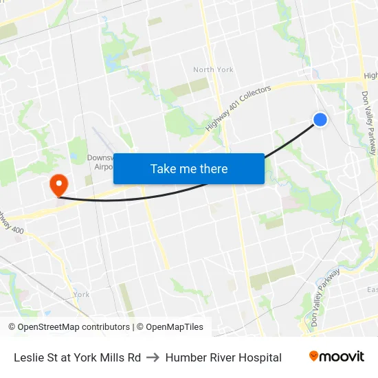 Leslie St at York Mills Rd to Humber River Hospital map
