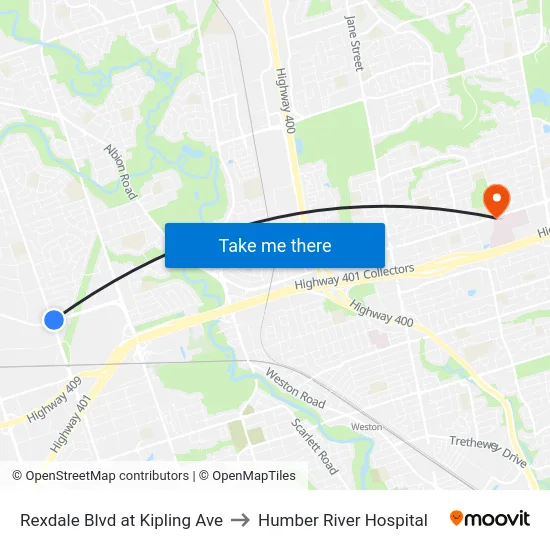 Rexdale Blvd at Kipling Ave to Humber River Hospital map