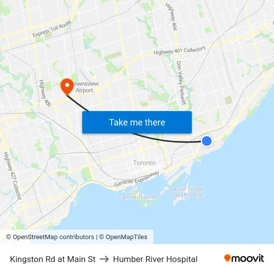 Kingston Rd at Main St to Humber River Hospital map