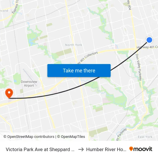 Victoria Park Ave at Sheppard Ave East to Humber River Hospital map