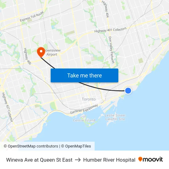 Wineva Ave at Queen St East to Humber River Hospital map