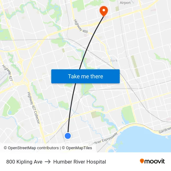 800 Kipling Ave to Humber River Hospital map