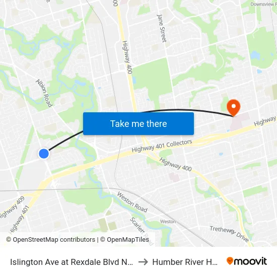 Islington Ave at Rexdale Blvd North Side to Humber River Hospital map