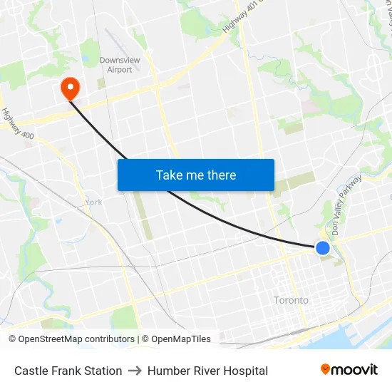 Castle Frank Station to Humber River Hospital map