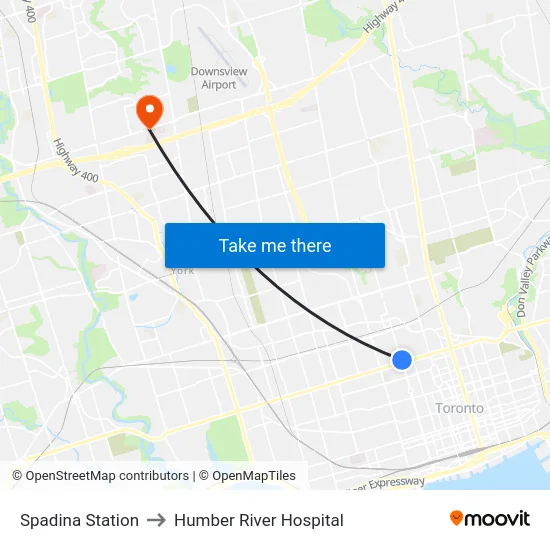 Spadina Station to Humber River Hospital map