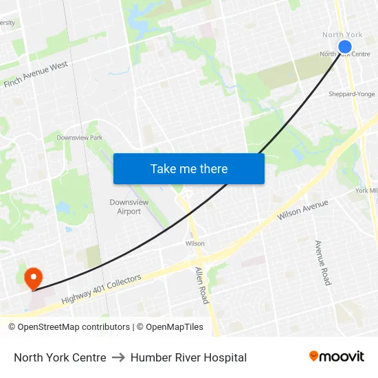 North York Centre to Humber River Hospital map