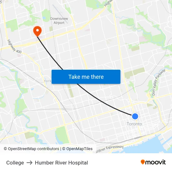 College to Humber River Hospital map