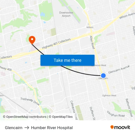 Glencairn to Humber River Hospital map