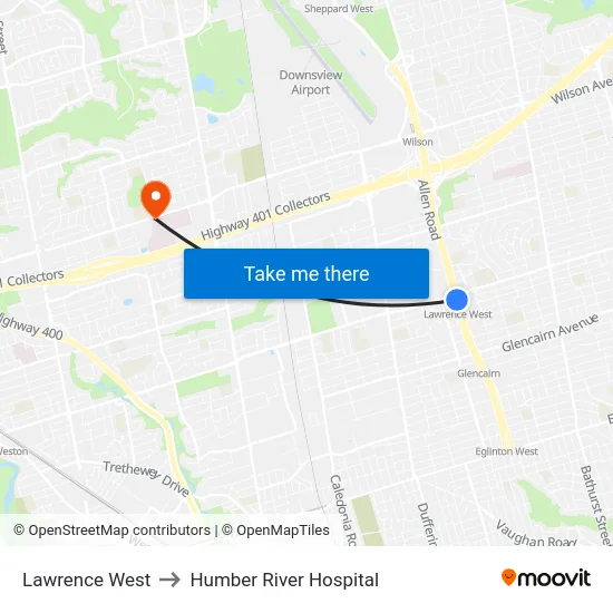Lawrence West to Humber River Hospital map