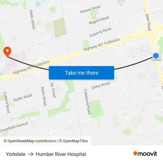Yorkdale to Humber River Hospital map