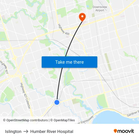 Islington to Humber River Hospital map