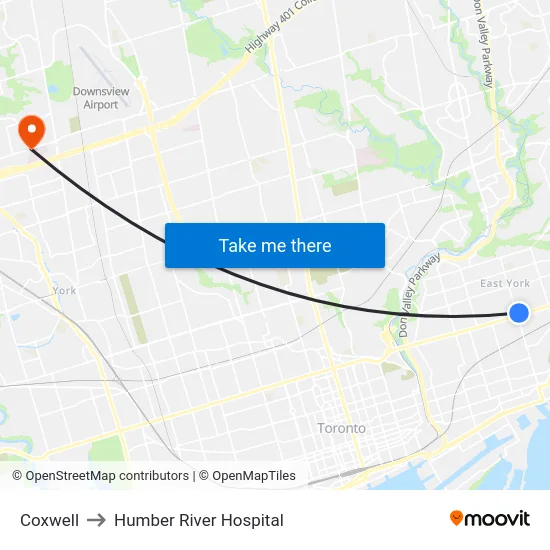 Coxwell to Humber River Hospital map