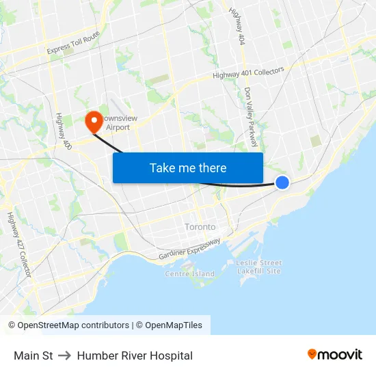 Main St to Humber River Hospital map