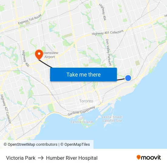 Victoria Park to Humber River Hospital map