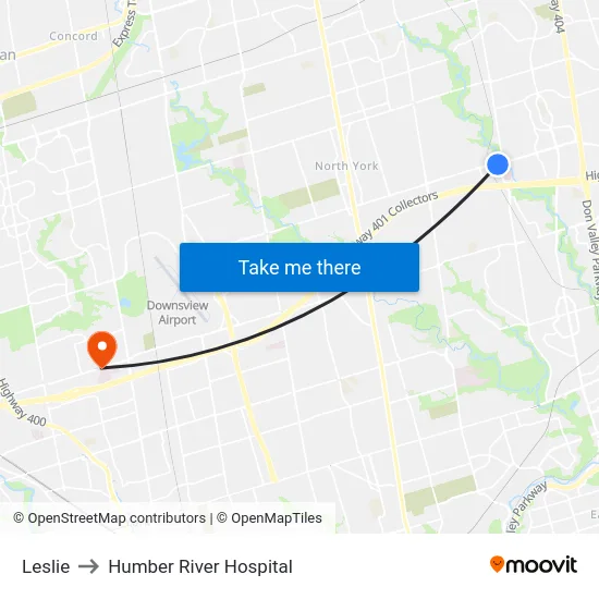 Leslie to Humber River Hospital map
