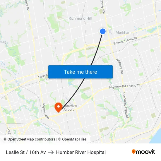 Leslie St / 16th Av to Humber River Hospital map