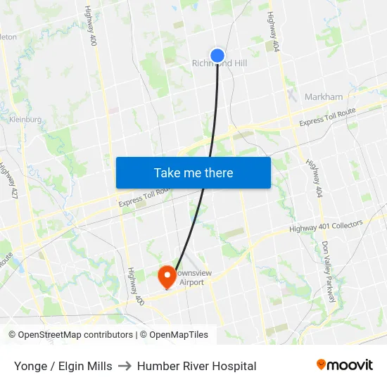 Yonge / Elgin Mills to Humber River Hospital map