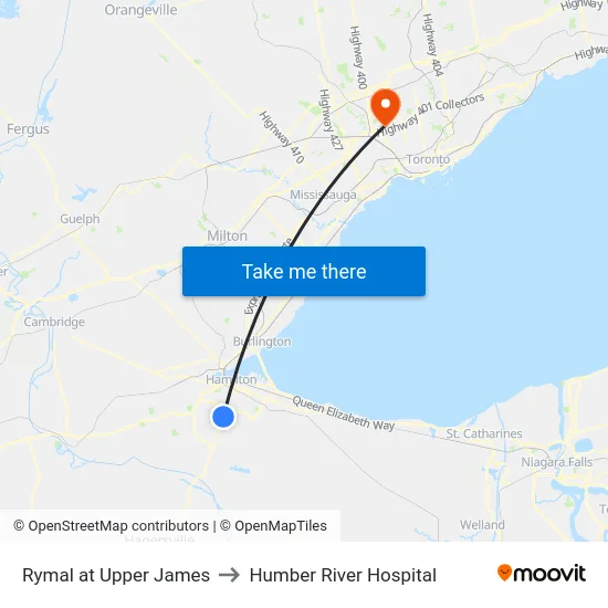 Rymal at Upper James to Humber River Hospital map