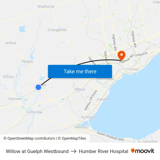 Willow at Guelph Westbound to Humber River Hospital map