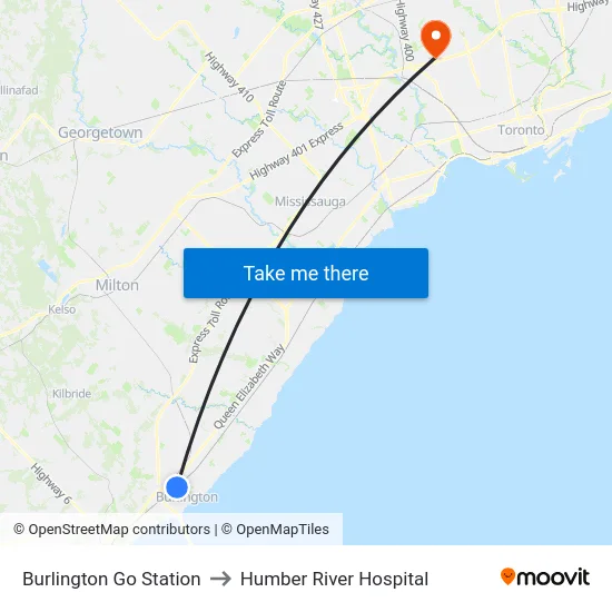 Burlington Go Station to Humber River Hospital map