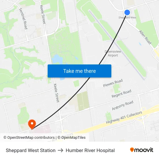 Sheppard West Station to Humber River Hospital map