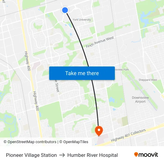 Pioneer Village Station to Humber River Hospital map
