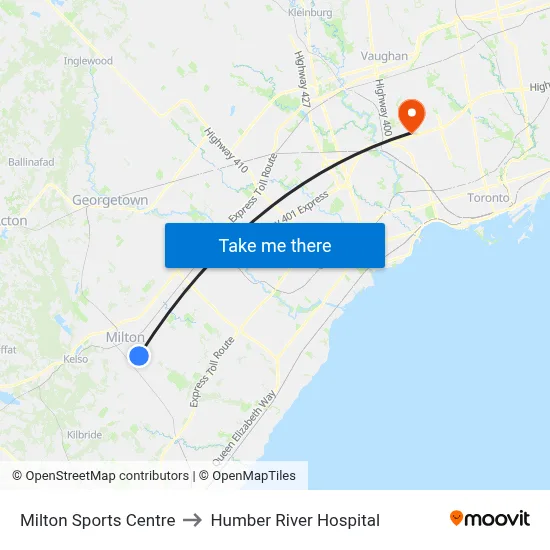 Milton Sports Centre to Humber River Hospital map