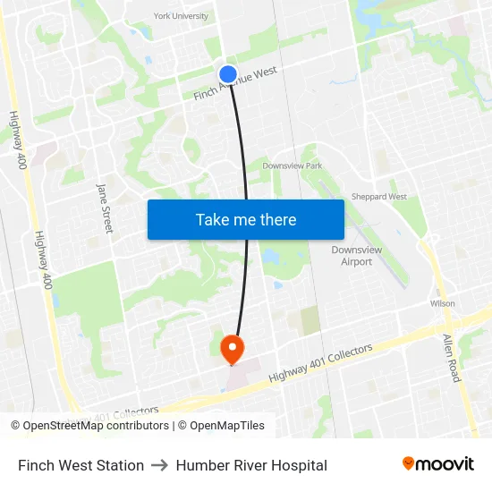 Finch West Station to Humber River Hospital map