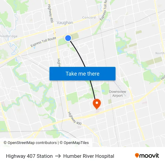 Highway 407 Station to Humber River Hospital map