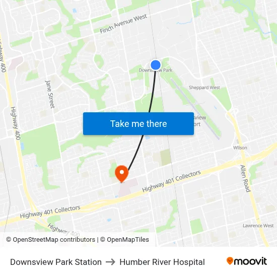 Downsview Park Station to Humber River Hospital map