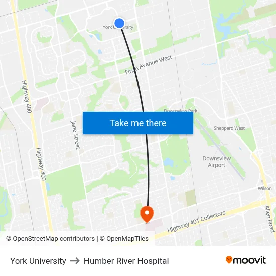 York University to Humber River Hospital map