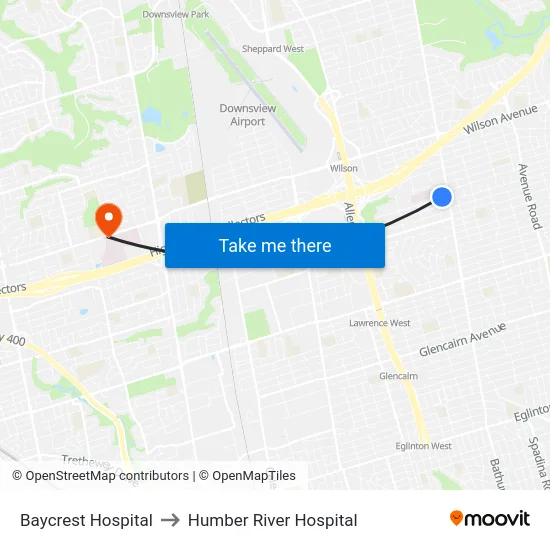 Baycrest Hospital to Humber River Hospital map