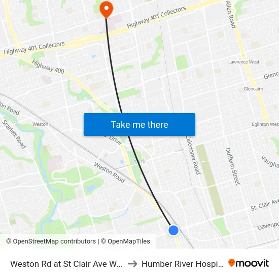 Weston Rd at St Clair Ave West to Humber River Hospital map