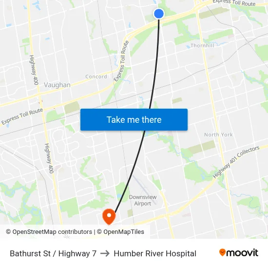 Bathurst St / Highway 7 to Humber River Hospital map