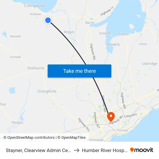 Stayner, Clearview Admin Centre to Humber River Hospital map