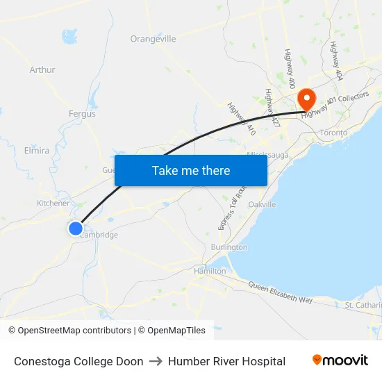 Conestoga College Doon to Humber River Hospital map