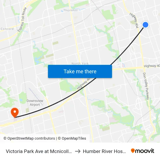 Victoria Park Ave at Mcnicoll Ave to Humber River Hospital map