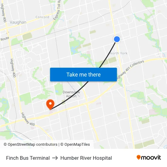 Finch Bus Terminal to Humber River Hospital map