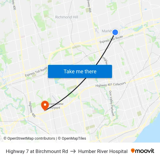 Highway 7 at Birchmount Rd to Humber River Hospital map