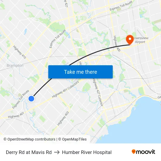 Derry Rd at Mavis Rd to Humber River Hospital map