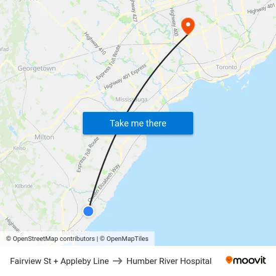 Fairview St + Appleby Line to Humber River Hospital map