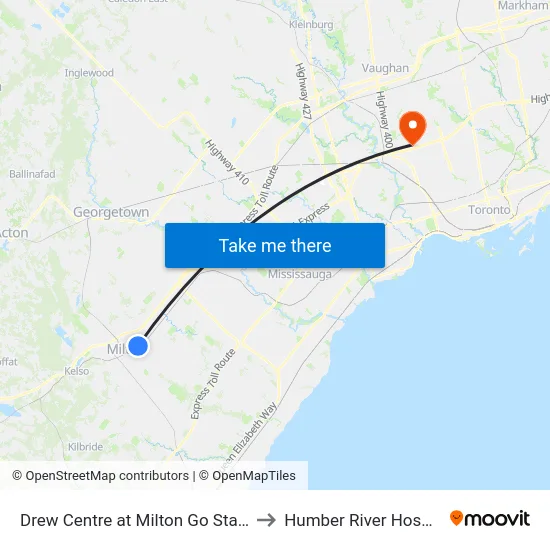 Drew Centre at Milton Go Station to Humber River Hospital map