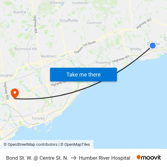 Bond St. W. @ Centre St. N. to Humber River Hospital map
