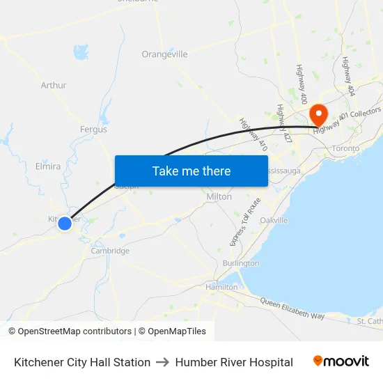 Kitchener City Hall Station to Humber River Hospital map